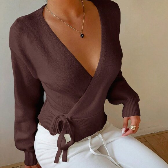 Chocolate Brown Casual Women's Wrap Tie Front Cardigan - Picture 7 of 7